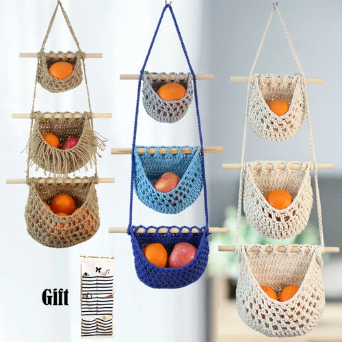 macrame hanging baskets set of three storage tiers - vue 3 sur 9