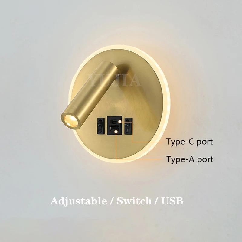 Modern LED wall light with USB ports and adjustable reading lamps