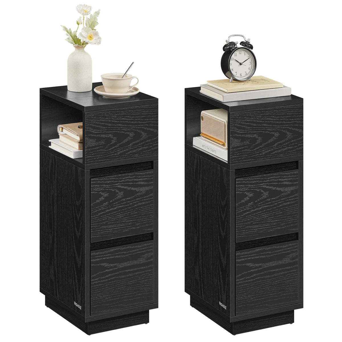 VASAGLE Slim Bedside Tables, Set of 2, Small Narrow Side End Tables with 2 Drawers, 1 Open Compartment Mounted to Face Left - vue 2 sur 9