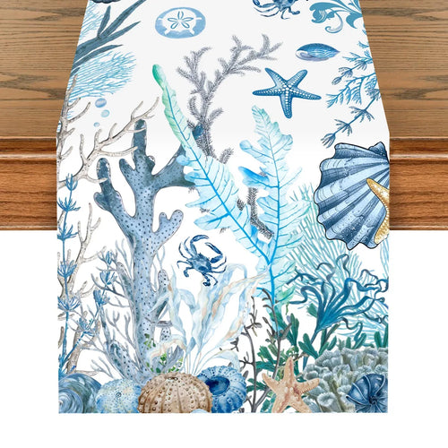 Marine life theme table runner with starfish and seahorses - vue 2 sur 7