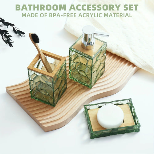 Bathroom Accessory Set, Acrylic Bamboo Accessories, Includes Toothbrush Holder, Soap Dispenser, Cotton Swab Holder, Soap Dish, T - vue 5 sur 7