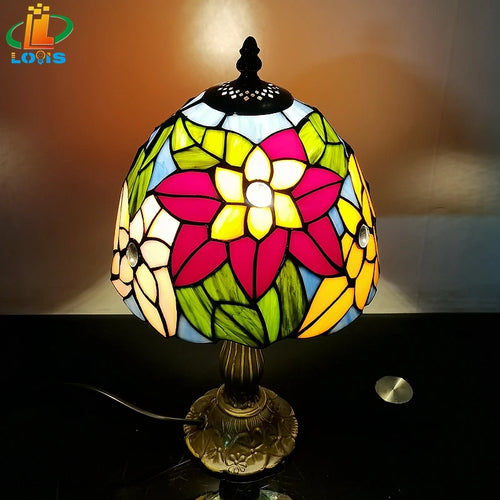 Scandinavian stained glass table lamp with antique metal - vue 4 sur 6