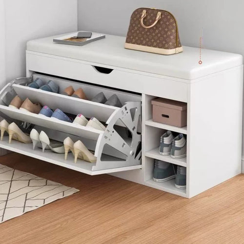Home Shoe Cabinet with Bench, Anti-Dust Shoe Storage Bench, Multi-Layer Wooden Organizer with Cushion and Stable Structure - vue 5 sur 13