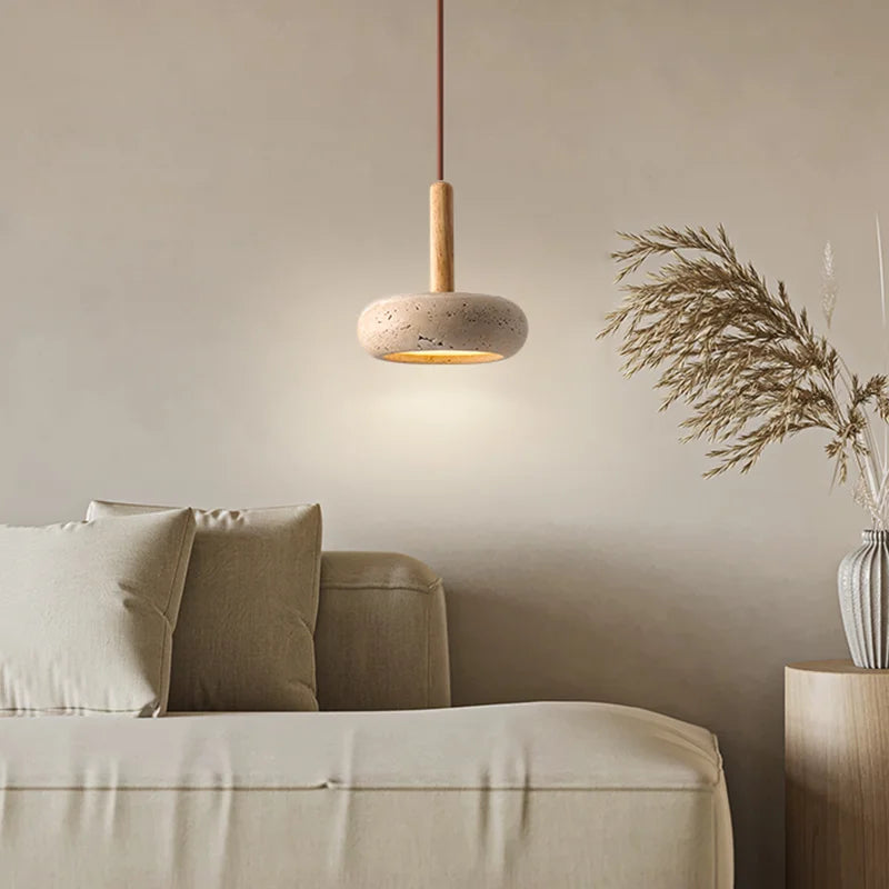 Travertine LED chandelier with natural stone pendant