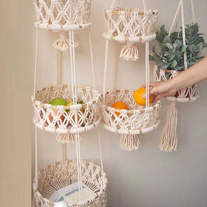 cotton rope wall baskets with macrame tassels