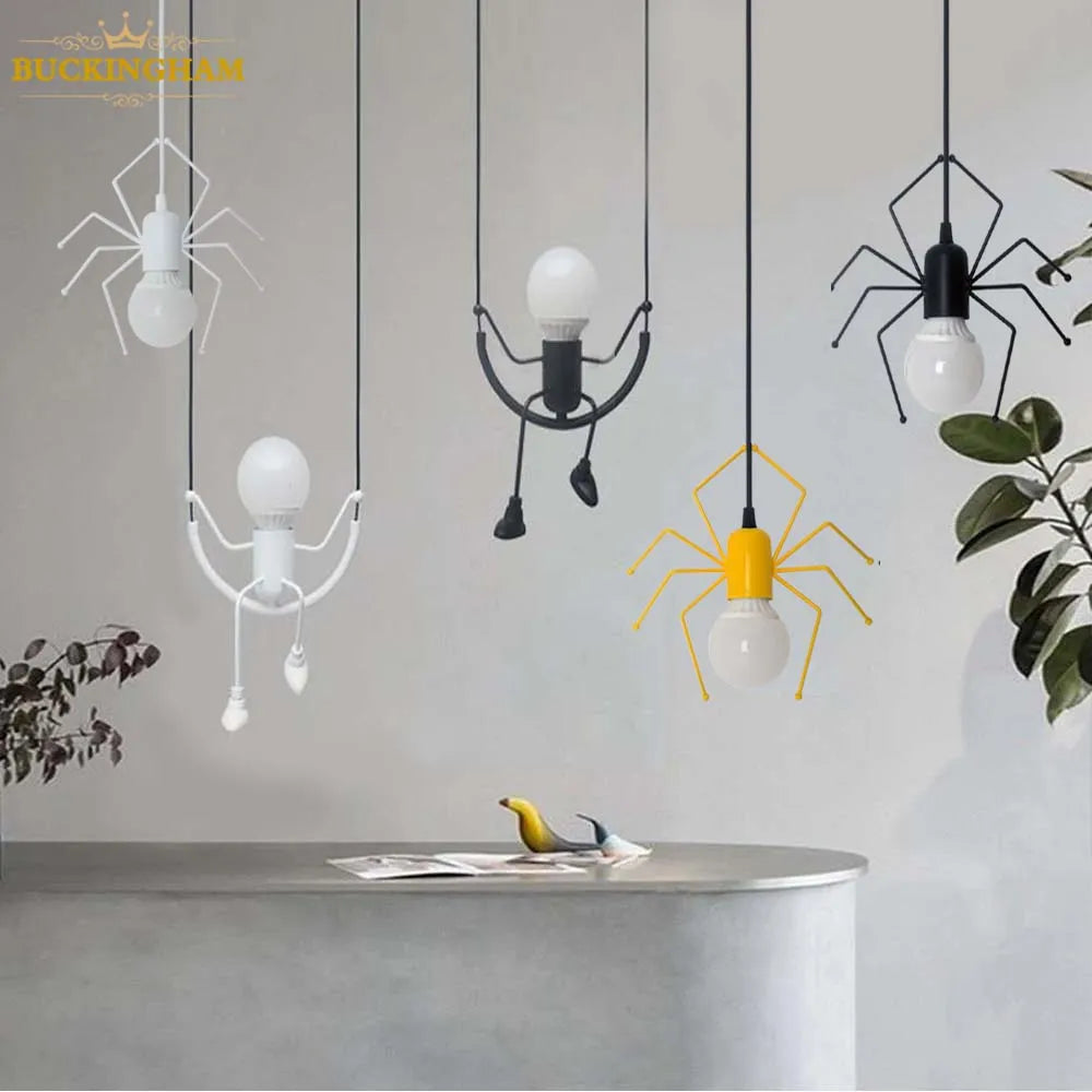 Nordic little man spider pendant light, retro loft LED swing lamp for children's room, café, bar