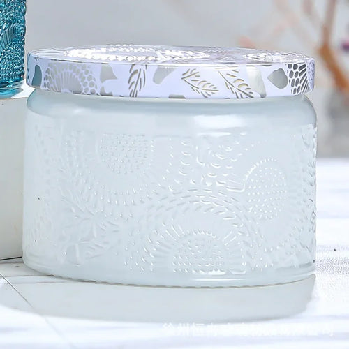 embossed glass candle jar with lid for aromatherapy - vue 9 sur 13