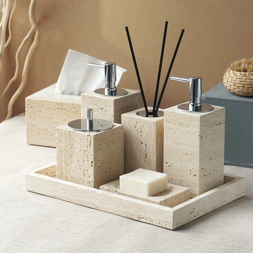 ensemble accessoires salle de bain en travertin beige naturel - vue 2 sur 28