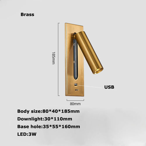 Rotating brass LED wall light with USB switch - vue 12 sur 23