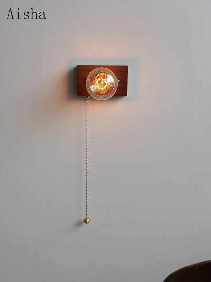 Vintage walnut wall light with switch and pull cord