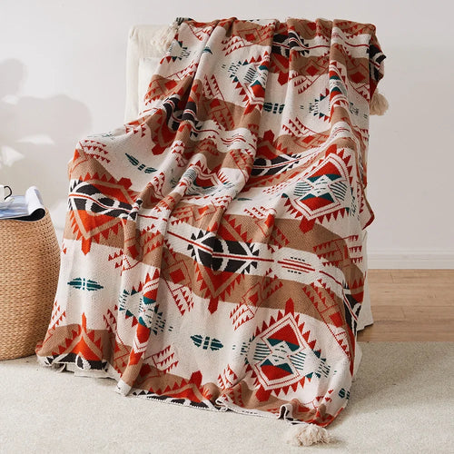 plaid tricoté bohème à rayures avec pompons déco - vue 7 sur 6