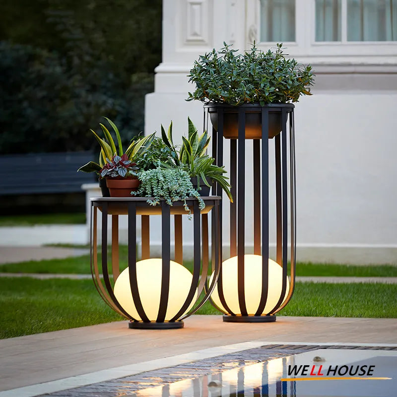 Solar garden floor lamp nordic flowerpot light for villa, courtyard, walkway and outdoor decor, IP65 waterproof