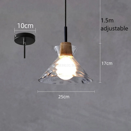 Retro nordic water grain glass and wood LED pendant light - vue 12 sur 11
