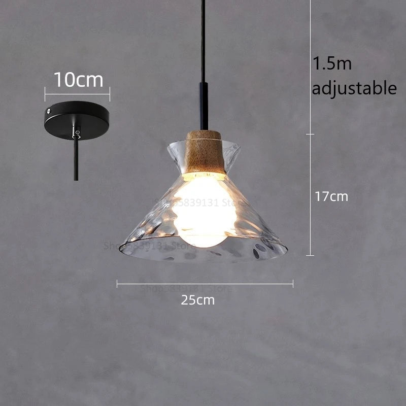 Retro nordic water grain glass and wood LED pendant light - vue 11 sur 11