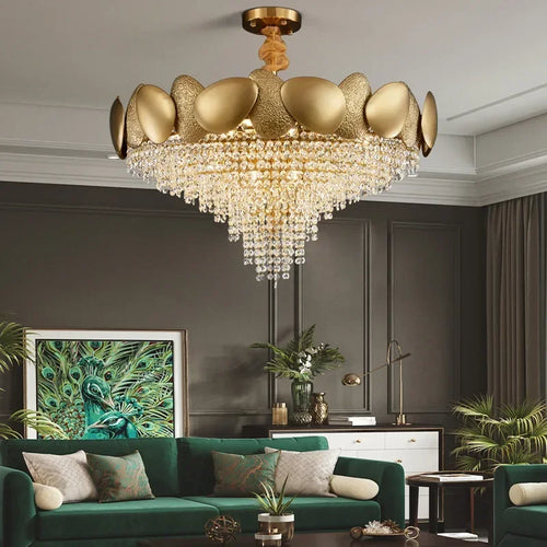 modern crystal chandelier with tassels and stainless steel - vue 3 sur 16