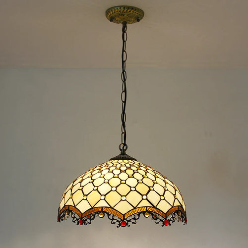 Retro tiffany pendant light baroque pearl stained glass chandelier 16' sea blue brown - vue 2 sur 9