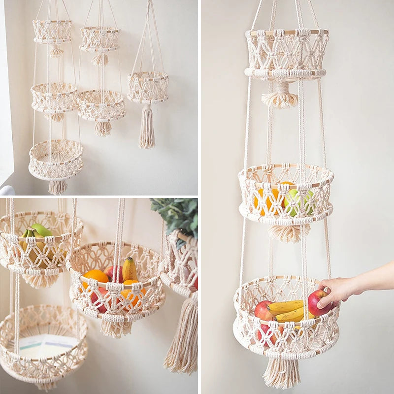 decorative macrame hanging basket for plants and fruits - vue 3 sur 10