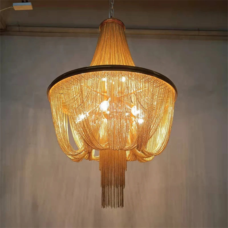 Modern gold aluminium tassel chandelier with decorative chain