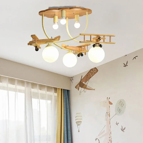 Wooden airplane LED ceiling light for children's bedroom - vue 3 sur 7
