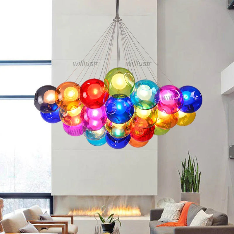 Mouth-blown glass pendant with colourful bubbles for hotel, boutique or nursery