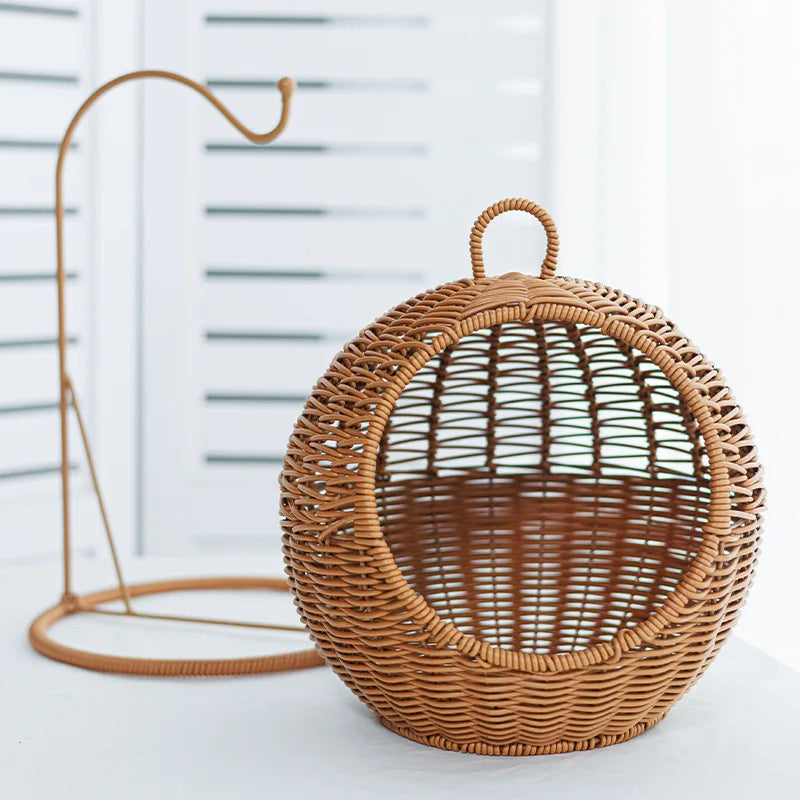 Hanging rattan cat nest with storage - vue 2 sur 6