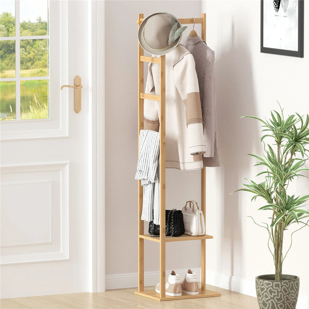 bamboo corner coat rack with hook and shelves