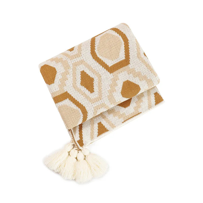 Bohemian geometric check throw with tassels for living room - vue 7 sur 7