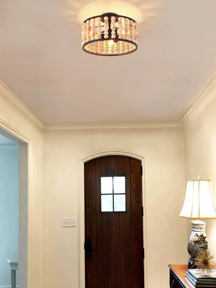 Handmade wooden bead ceiling light vintage style for a cosy home - vue 4 sur 7