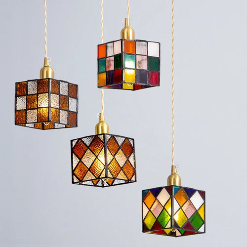 Tiffany style cube stained glass ceiling light indoor decor - vue 2 sur 9