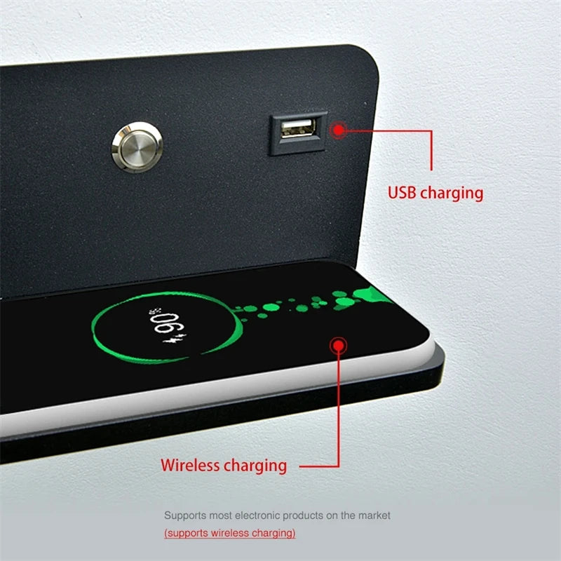 Modern LED wall light with USB and wireless charging - vue 4 sur 10