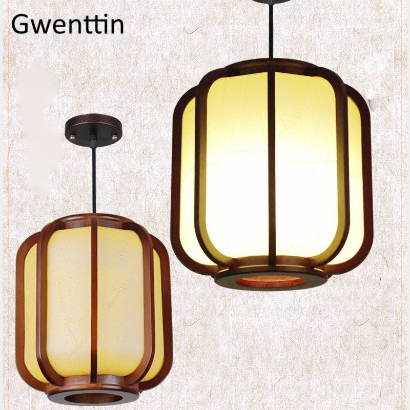 Chinese style wood pendant light with sheepskin lantern