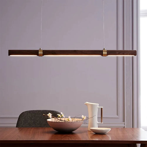 Adjustable minimalist LED pendant light with wood and metal effect - vue 3 sur 9