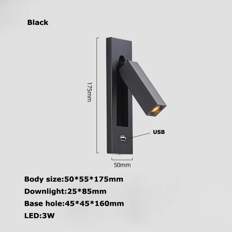 Black Brass Rectangular LED Wall Lamp Wall Sconce Wall Spotlight Reading Light with Switch and USB Port, Rotatable For Bedroom - vue 19 sur 22