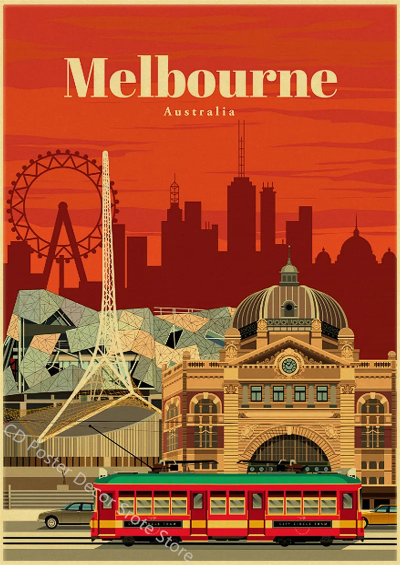 Retro world cities poster for wall decoration