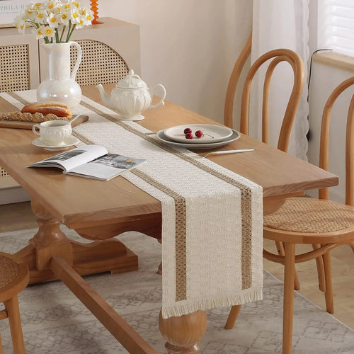 Boho cotton linen table runner with geometric pattern and tassels