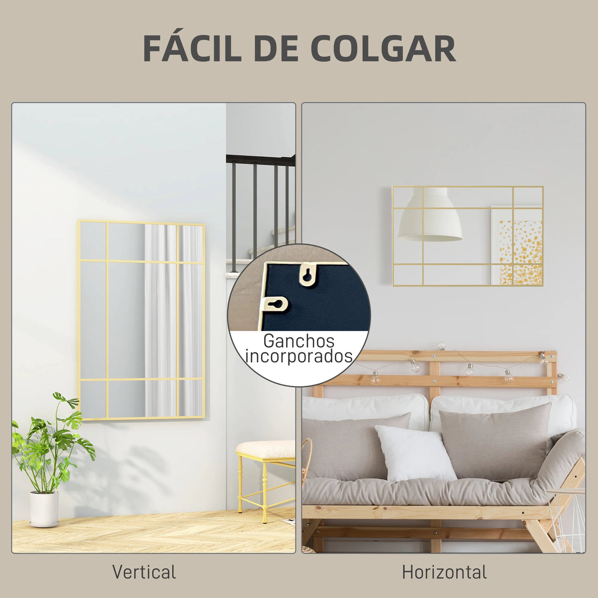 rectangular wall mirror with gold metal frame - vue 5 sur 7
