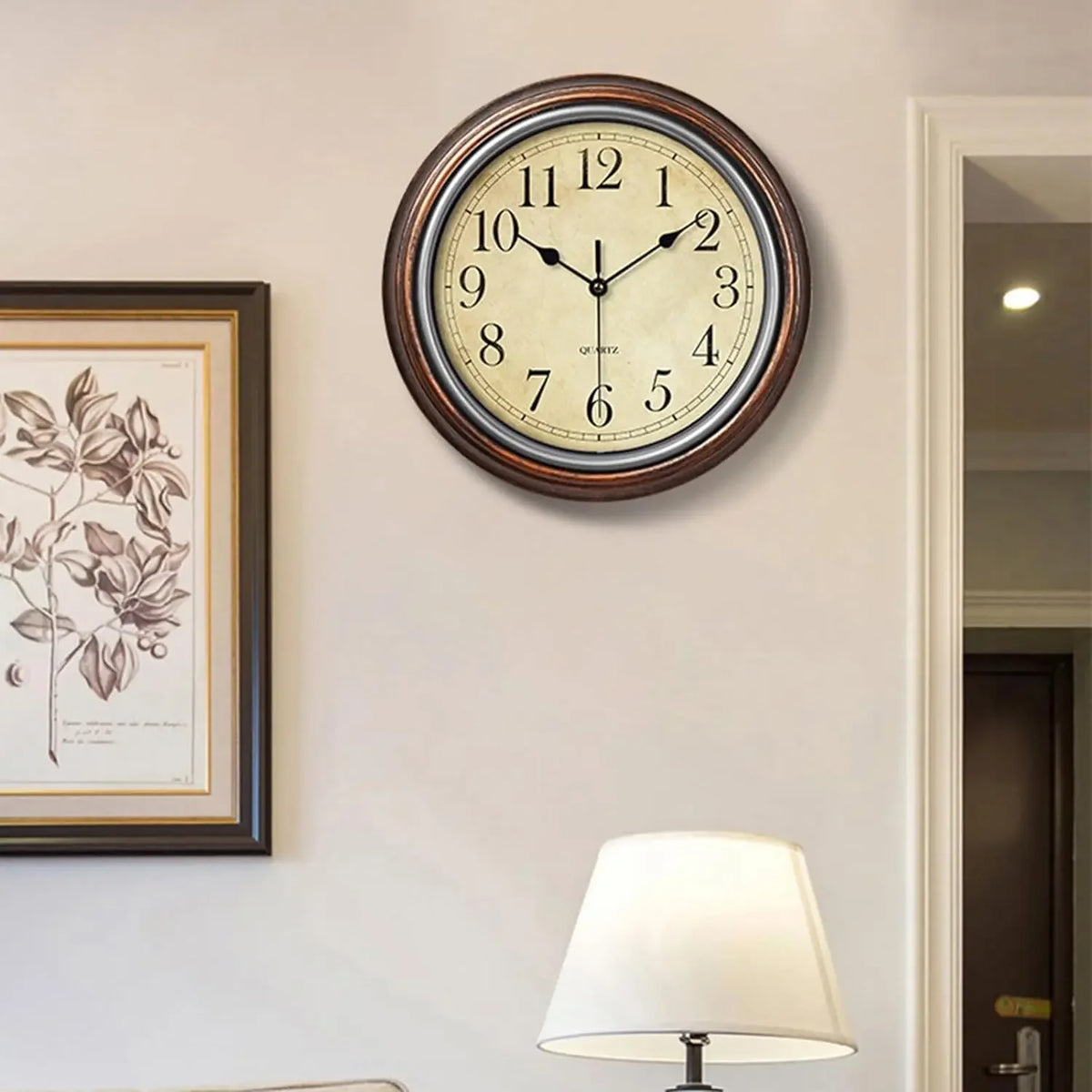 silent vintage wall clock with roman and arabic numerals - vue 4 sur 9