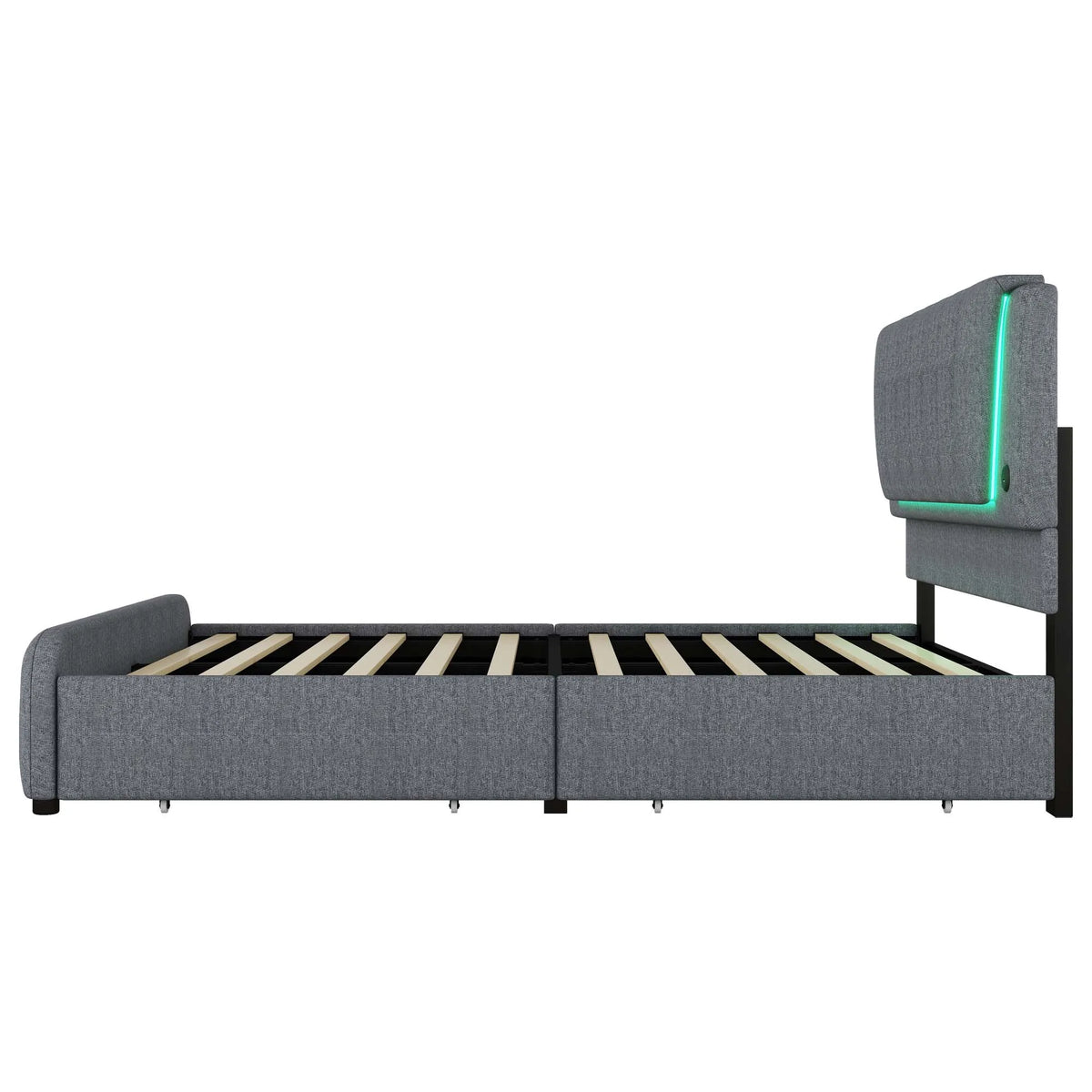 160x200cm, bed with slatted frame (without mattress), bed with four drawers, Adjustable headboard, Linen, Minimalist, Grey