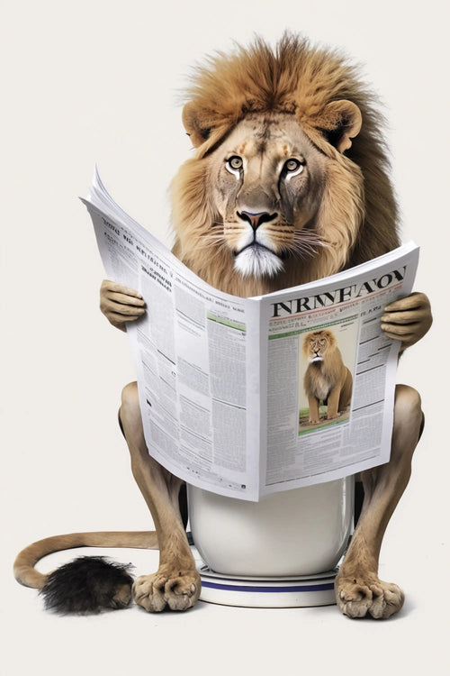 Humorous animal bathroom wall art reading newspaper
