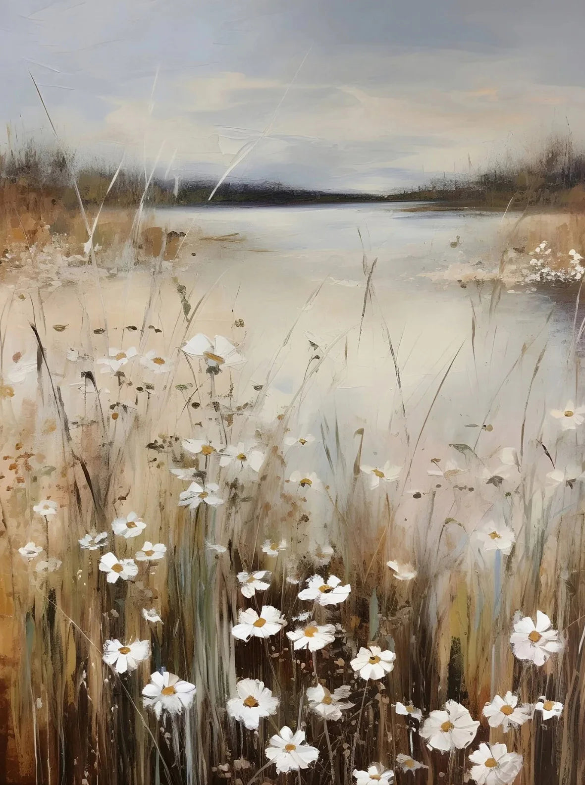 Vintage countryside painting with wildflowers wall decor