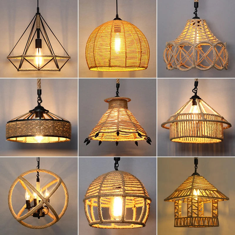 Sisal hemp rope pendant light rustic chandelier, hand-braided iron, for dining room decor