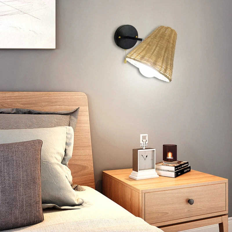Retro rattan wall light minimalist hand-woven indoor decor - vue 5 sur 8
