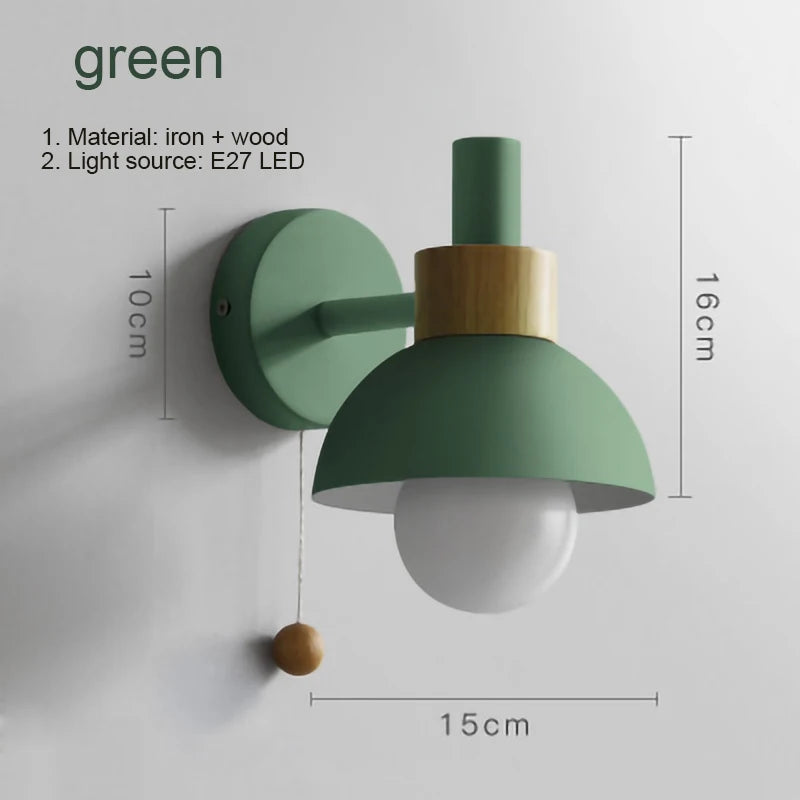 Nordic design wooden wall light with pull switch
