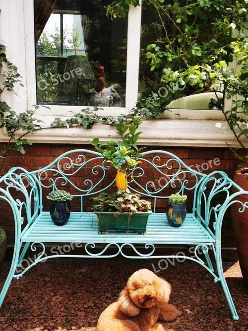 wrought iron garden bench outdoor table and chairs - vue 7 sur 14