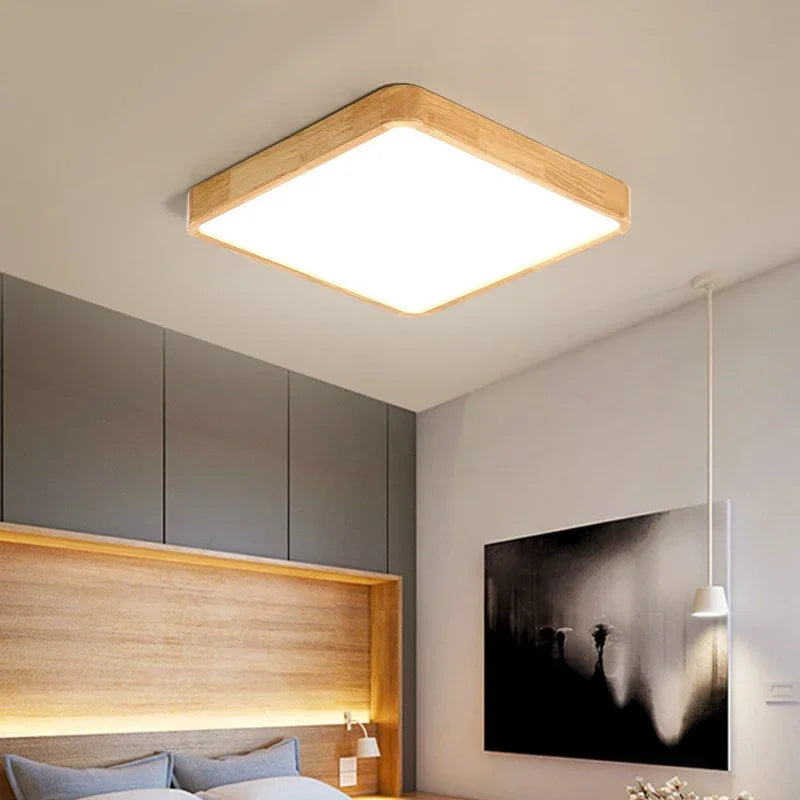 Ultra slim modern ceiling light with remote control in wood and acrylic