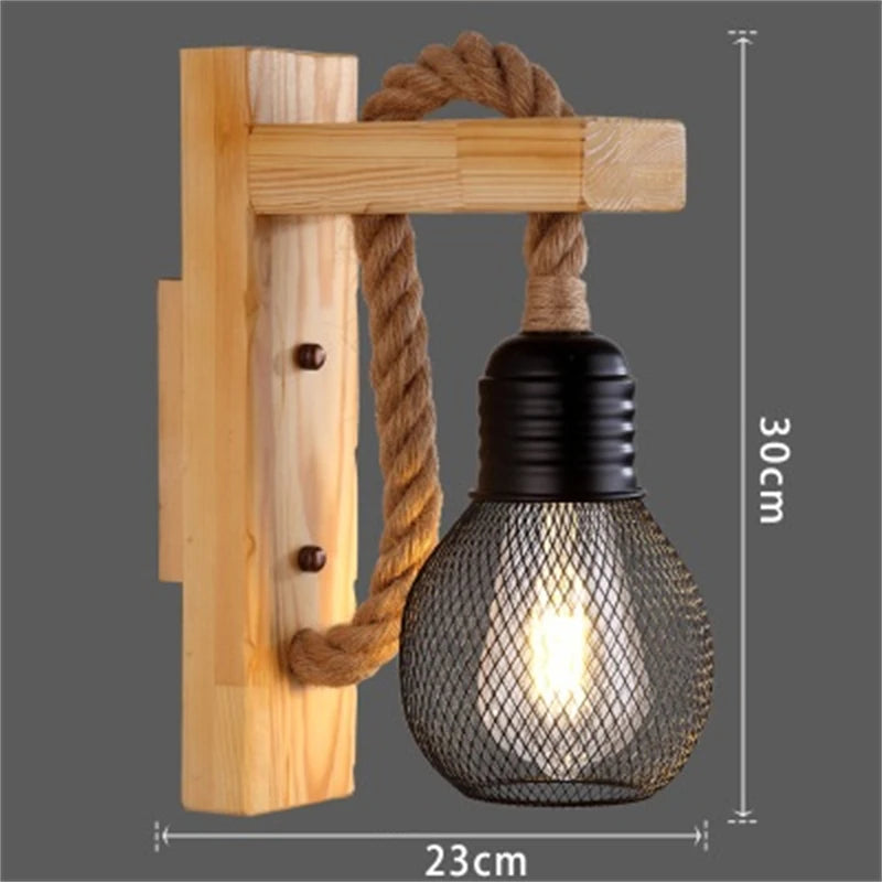 Vintage industrial wood and hemp rope LED wall light loft - vue 11 sur 15