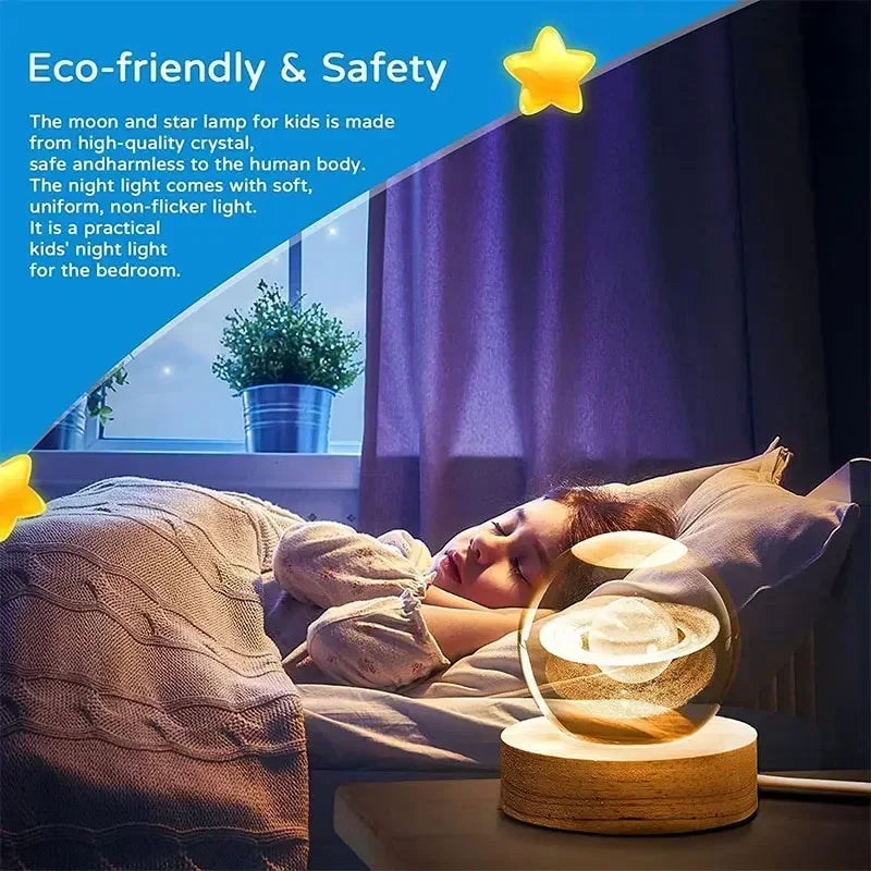 3D crystal night light solar system wooden decorative gift - vue 3 sur 16