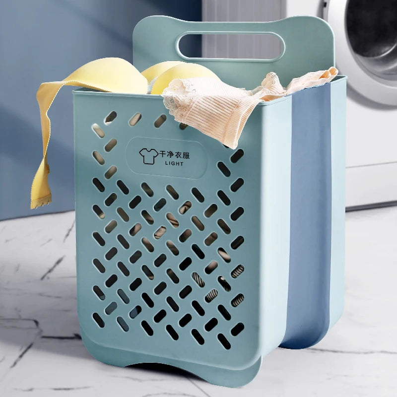 foldable, wall-mounted laundry basket for convenient storage