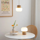Wabi-sabi white glass pendant light with hemp rope