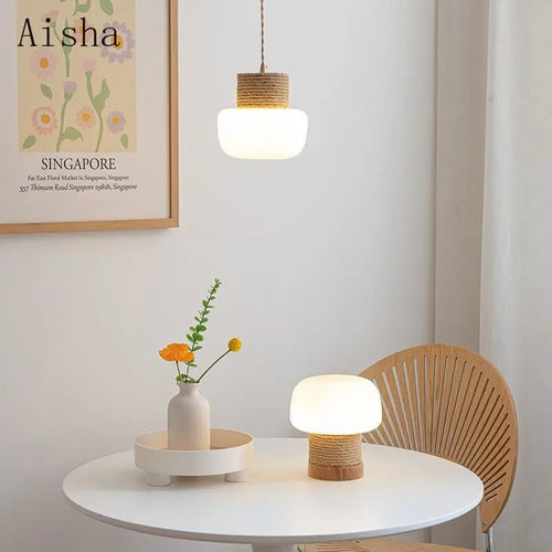 Wabi-sabi white glass pendant light with hemp rope - vue 3 sur 10